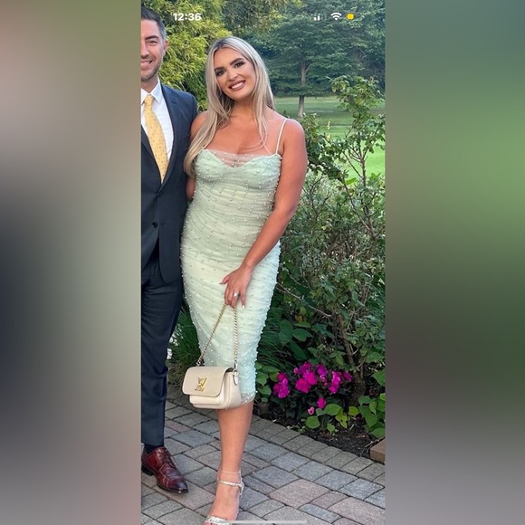 Sage Green Pearl Detailed Mesh Bodycon Midi Dress Sz 6 - Picture 3 of 5